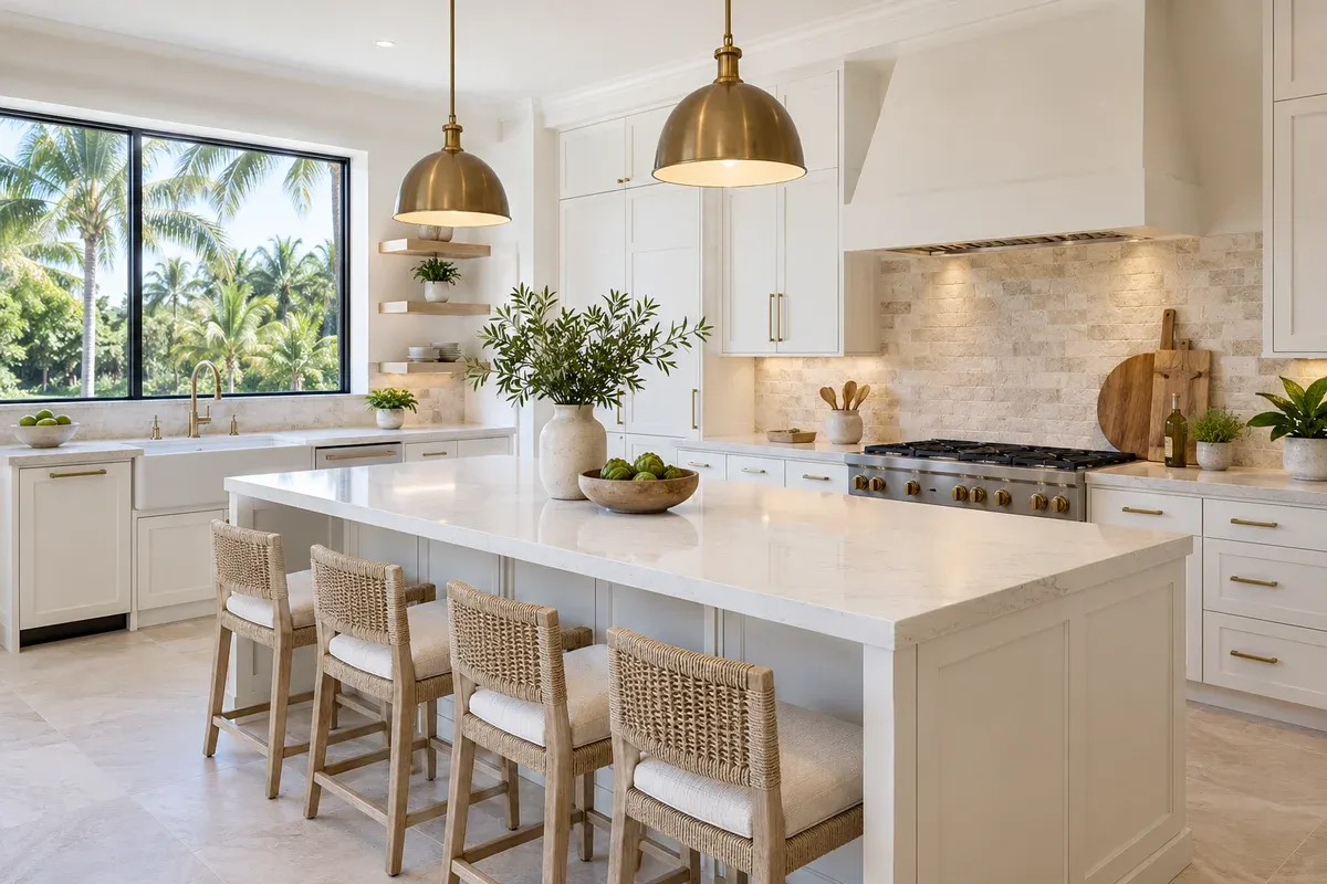 Illustrative bright kitchen with a quartz island