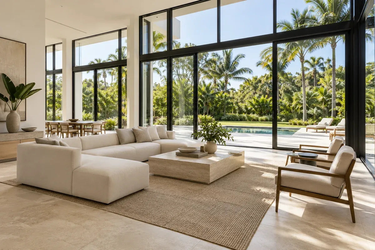 Illustrative black-framed floor-to-ceiling windows and doors